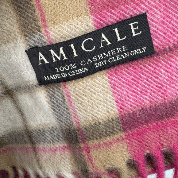 Amicale scarf 100% cashmere fringe plaid pink tan - Picture 5 of 5